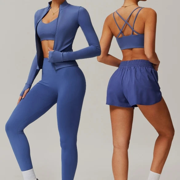 Custom Sportswear 4 Piece Sports Top Quick Dry Shorts Active Leggings Gym Clothes Running Yoga Sets for Women