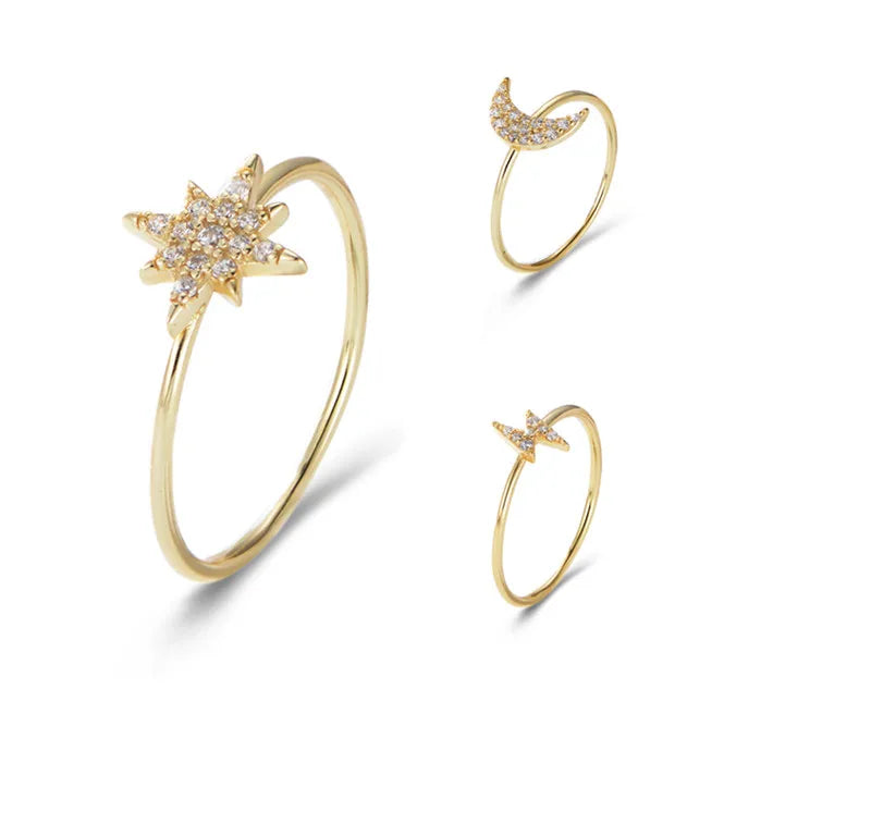 Wholesale Dropshipping 925 Silver Rings Women 925 Sterling Silver Star Moon Lightning Ring Gold Diamond Ring Jewelry