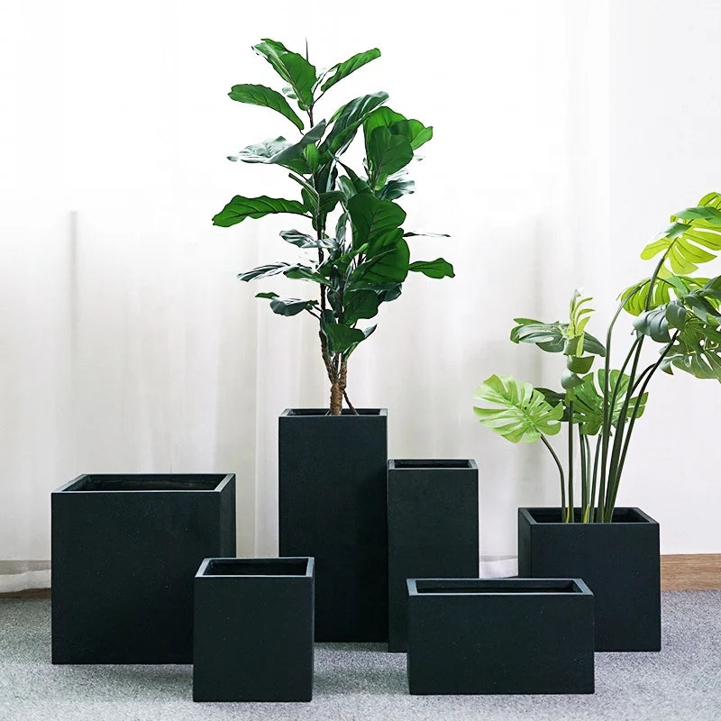 Large Square Cement Flower Pot with Drainage Hole for Floor and Home Garden Modern Design Black Color MegaBDM