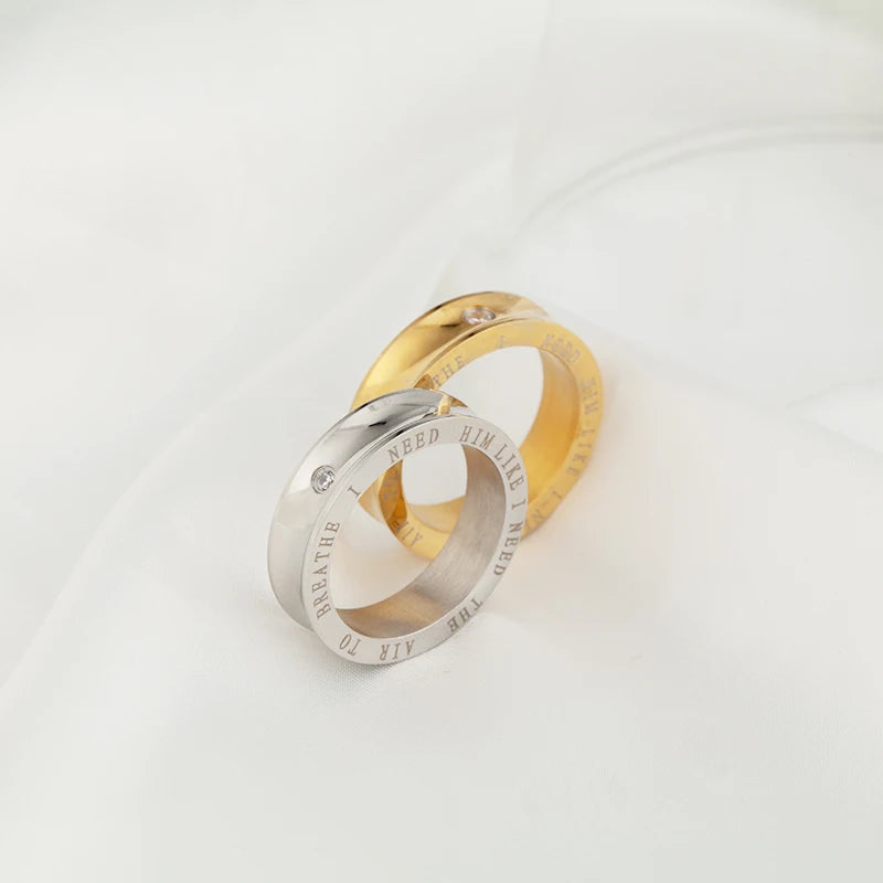 Wedding Engagement Jewelry Simple Stainless Steel 18K Gold Engrave ZIRCON Couple Rings Set for love
