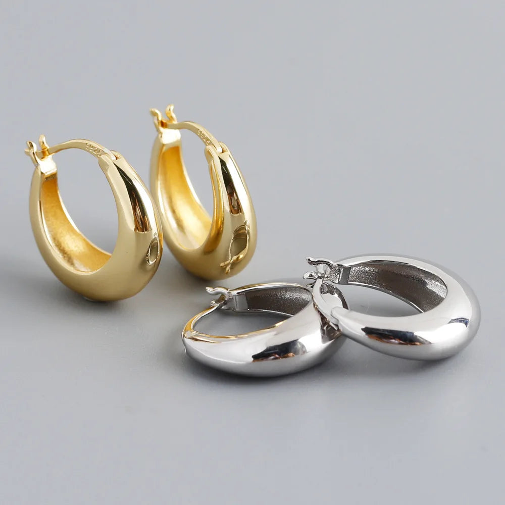 NEW 925 Sterling Silver INS Big Plain Chunky Chic Heavy Hoop Hugguies 18k Gold Plated Earring for Women Jewelry