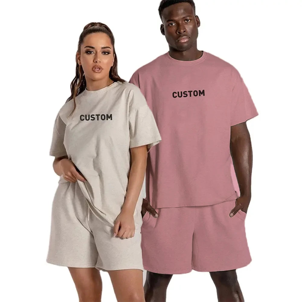 Customized Casual Women Men Summer 2-Piece Breathable Knitted 100% Polyester Tracksuit Set Unisex Sweatsuit Short Sleeve Shorts