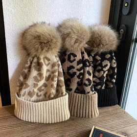 Leopard Knitted Hats for Men Women Autumn Winter Beanie Hats Outdoor Thicken Warm Caps Girls Trendy Pom Pom Hat