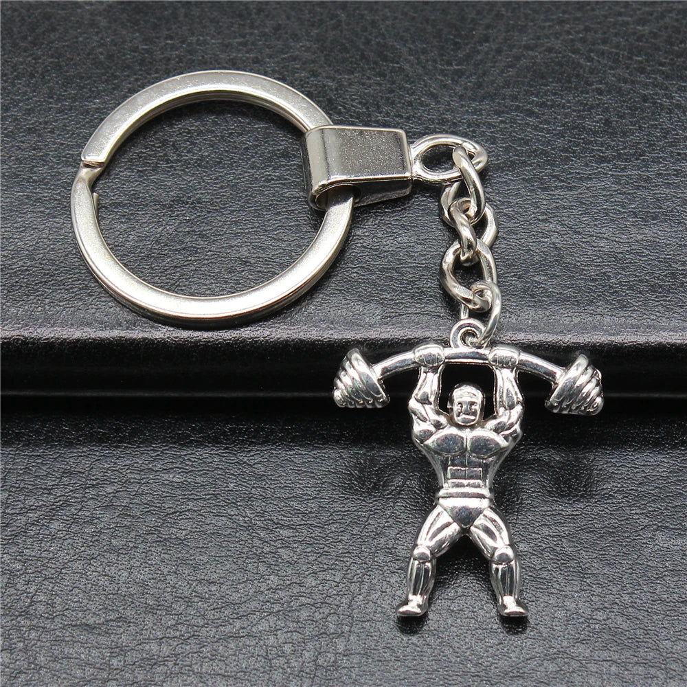 WYSIWYG 30x28mm Antique Silver Plated Zinc Alloy Weightlifter Key Chain for Souvenirs Gift P2-ABD-C14906
