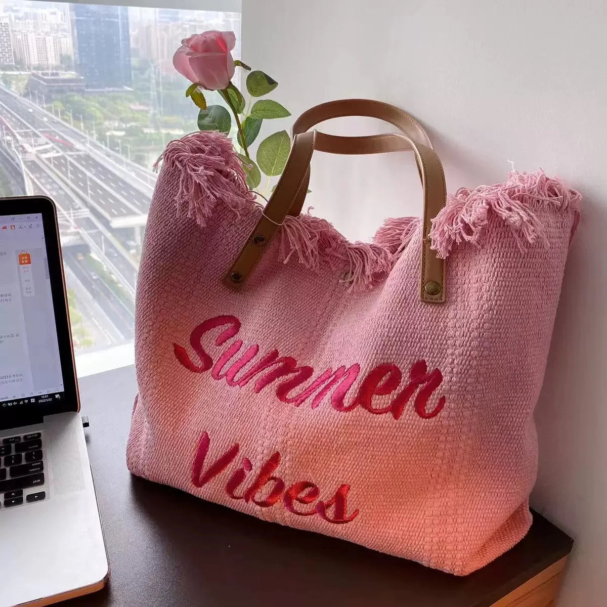 On Stock Reusable Heavy Duty Thick Embroidery Extra Large Canvas Cloth Woven Beach Bag Open Leather Tote Canvas Handbags