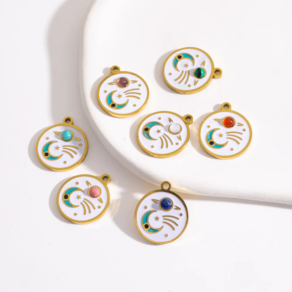 Fashion Rainbow Sun & Moon Charm Round Enamel Stainless Steel Pendant with Natural Stone Charms DIY Jewelry Supplies Gifts