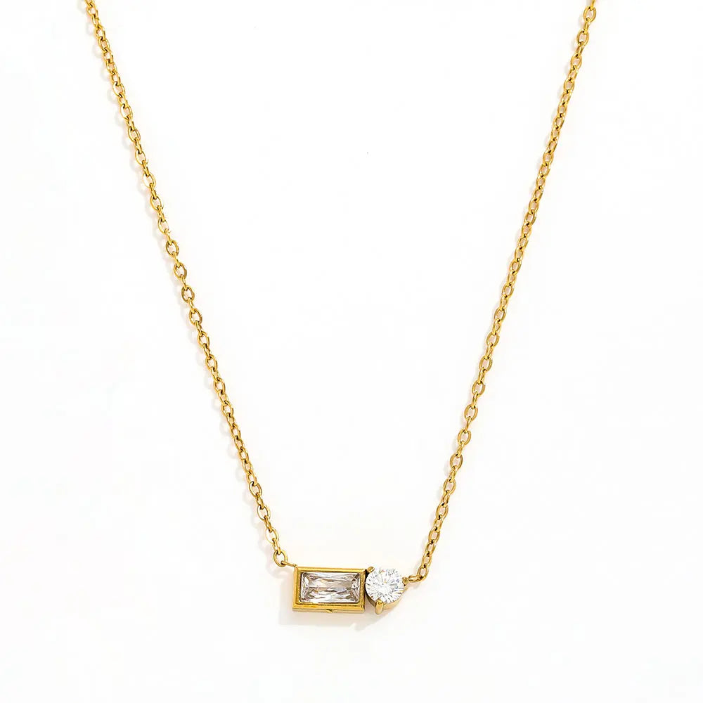 Joolim 18K Gold Plated Non Tarnish Cubic Waterdrop Rectangle Round Double Zirconia Joint Pendant Stainless Steel Necklace