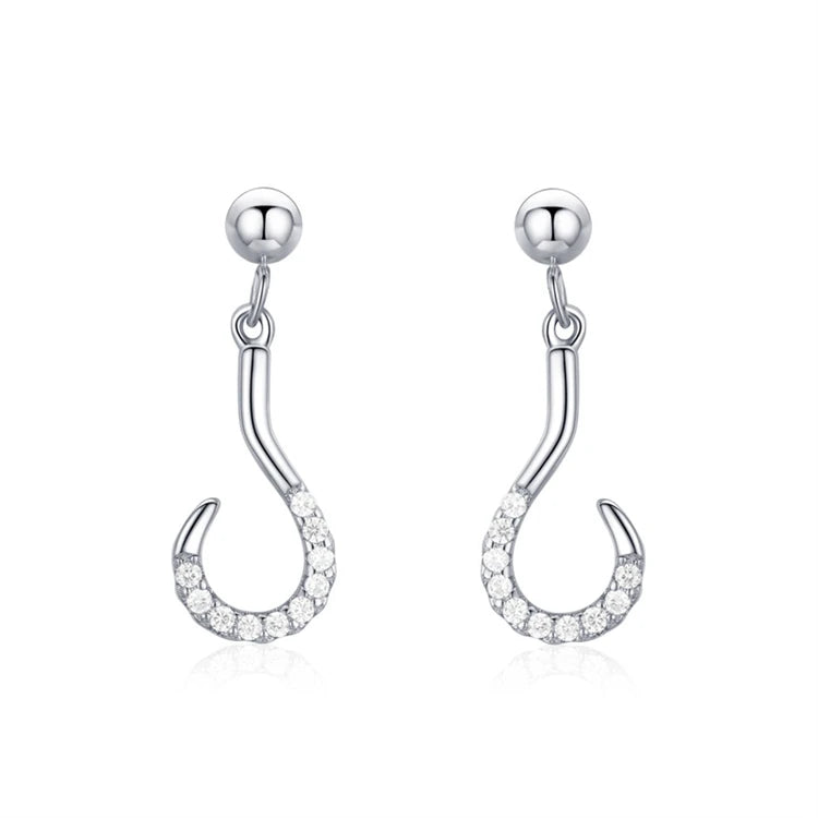 Fashion Diamond 925 Sterling Silver Personality Hook Shape Drop Earrings For Women