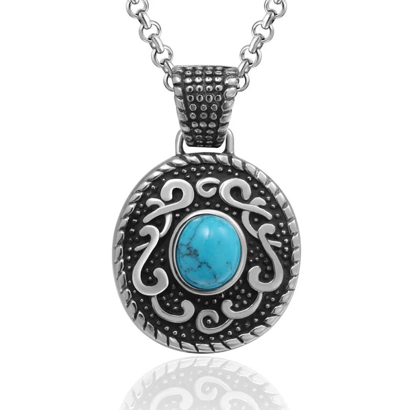 Wholesale Retro Fashion Round Tags Charms Titanium Steel Natural Stone Necklace Turquoise Pendant