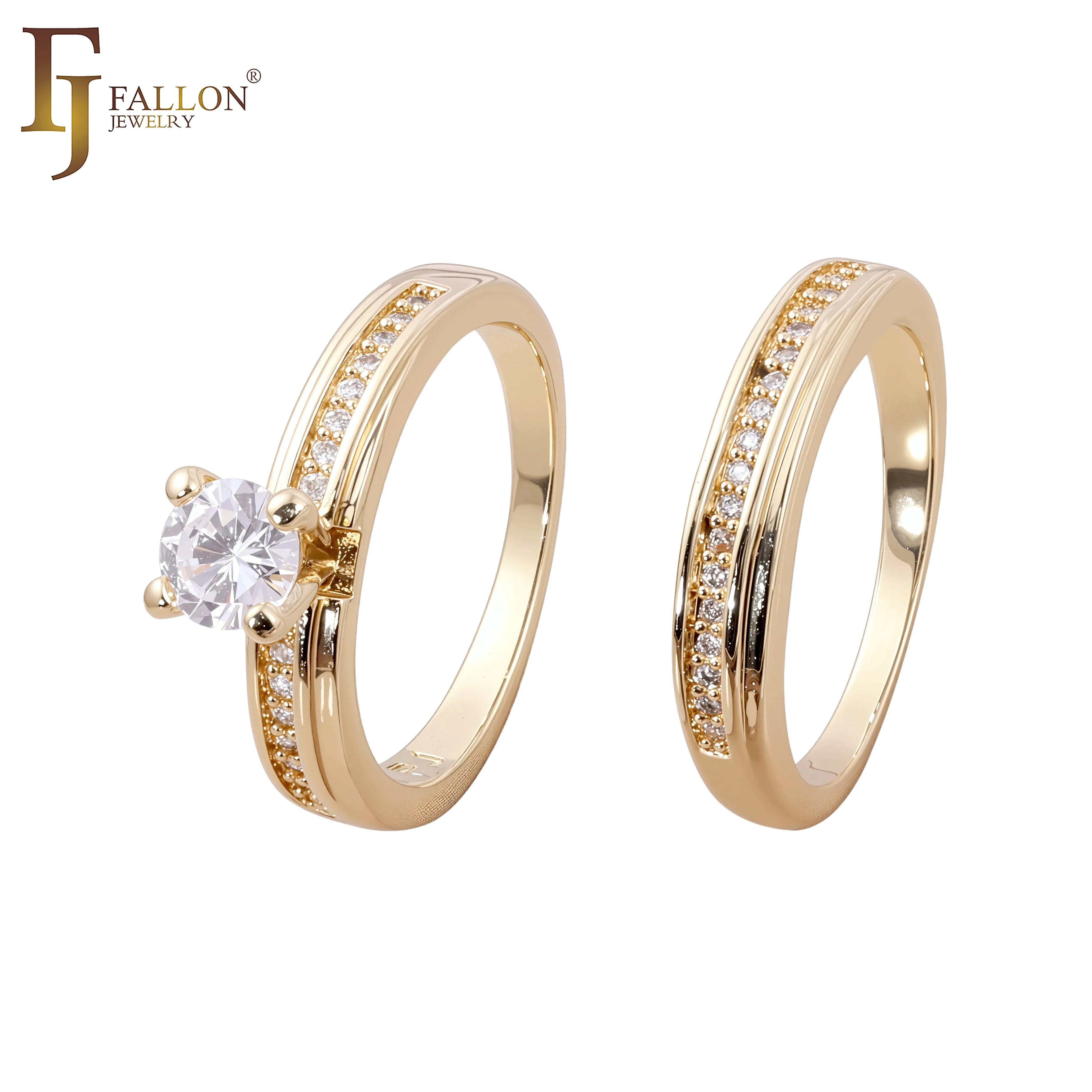 FJ Fallon Fashion Jewelry Solitaire Big CZ Stackable Wedding Set Rings Plated in 14K Gold Brass Based
