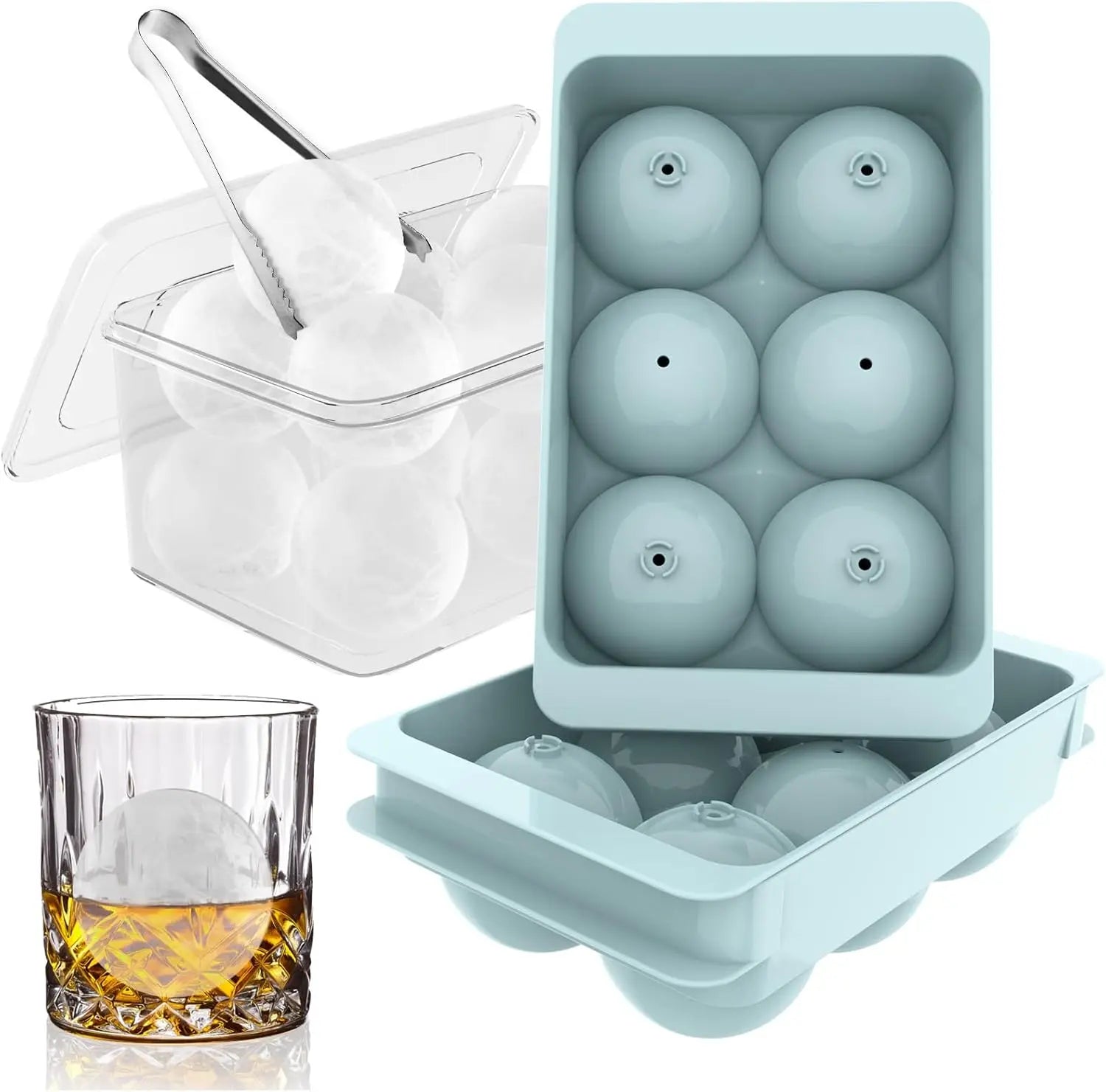 Ice Cube Mold with Bin&Tong Leak-free Round Ice Cube Mold Easy Fill & Release Ice Ball Maker for Whiskey Cocktails Bourbon