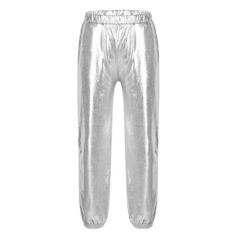 Kids Girls Glossy Metallic Elastic High Waist Dance Pants Hip Hop Trousers Streetwear Dancewear Sweat Pant
