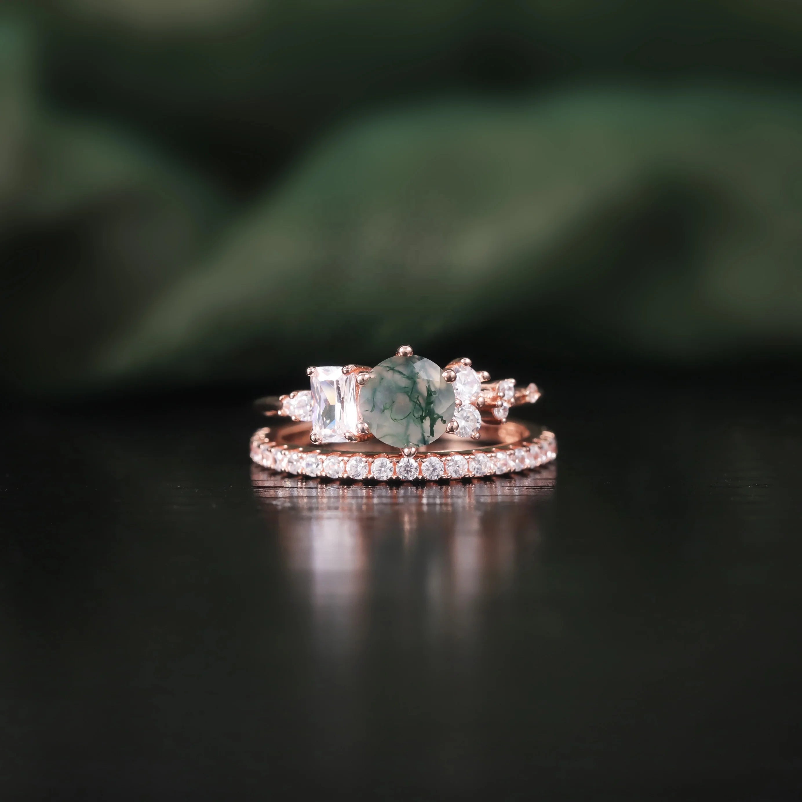 OL1004 Abiding Fine Jewelry Round Brilliant Cut Natural Green Moss Agate White Cz 925 Silver Women Wedding Ring Sets