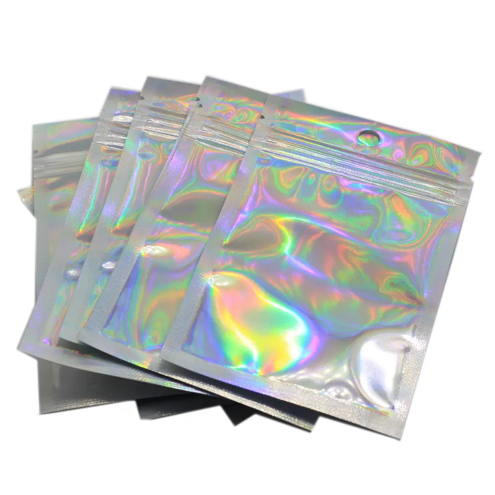 Flat Ziplock Laser Packing Bag Self-Sealing Foil Pouch Holographic Rainbow Jewelry Pack DIY Christmas Charm Beads Findings Resin