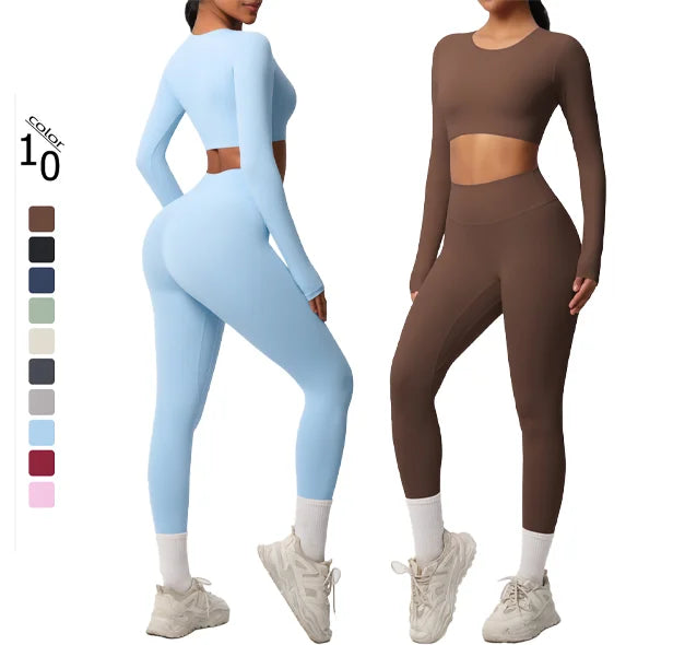 2pcs Seamless Women Yoga Set Workout Sportswear Gym Clothing Fitness High Waist Leggings Long Sleeve Crop Top Sports Suits