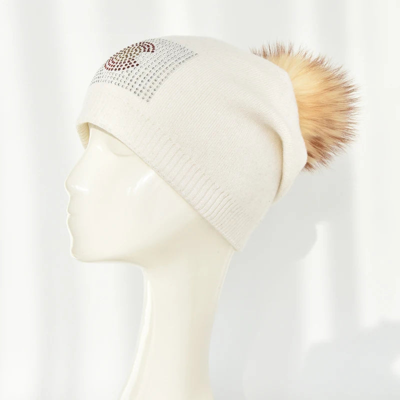Wholesale Warm Wool Beanie for Women Custom Glitter Gems Winter Slouchy Knitted Hats Real Fur Pompom Beanie Hat