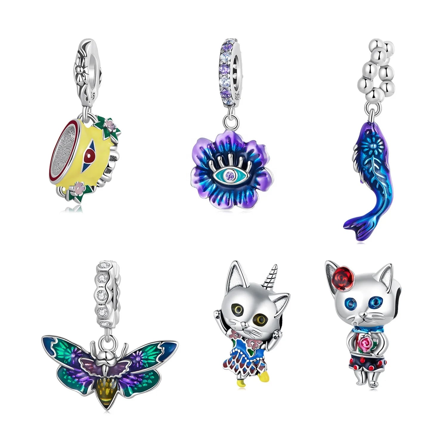 Factory 925 Sterling Silver Animal Butterfly Charms Colorful Cat Fish Pendant Evils Eye Beads Fit Bracelet DIY Women Jewelry
