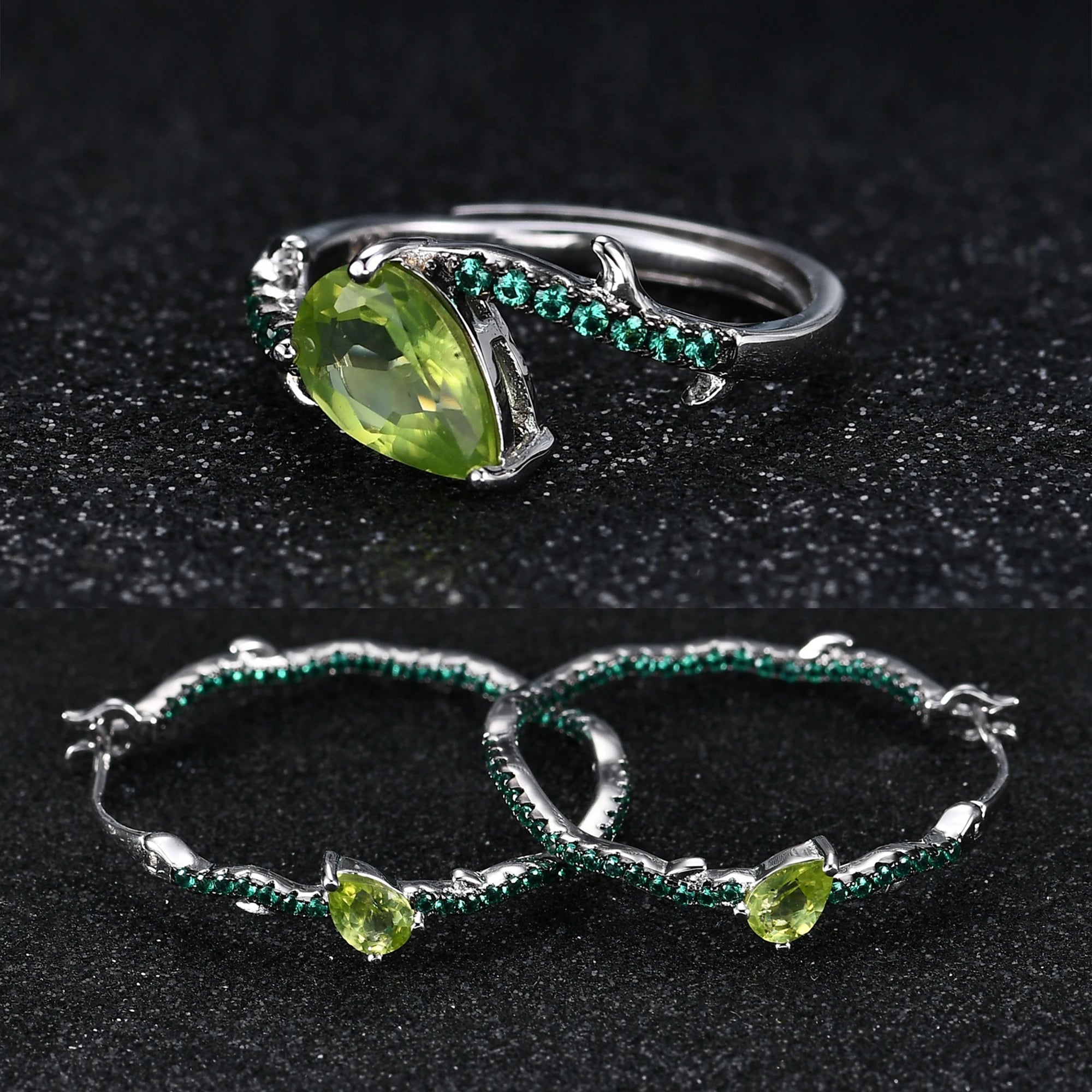 C8212 Abiding Pear Cut Green Stone Peridot Gemstone 925 Sterling Silver Wholesale Olive Branch Adjustable Ring Hoop Earrings Set