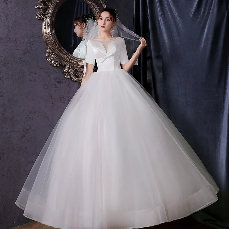 2021 Cheap Elegant Satin Half Sleeves Bridal Gown Simple Floor Length Plus Size White Ivory Wedding Dress