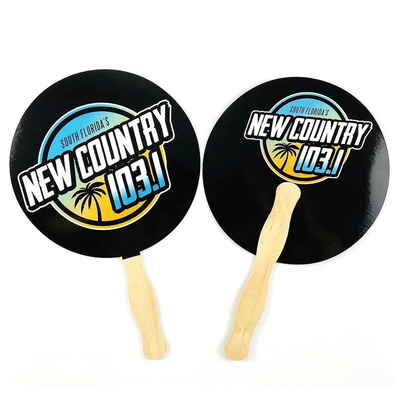 Eco-friendly Custom Sided Printing Wood Handle Round Paper Paddle Hand Held Fan