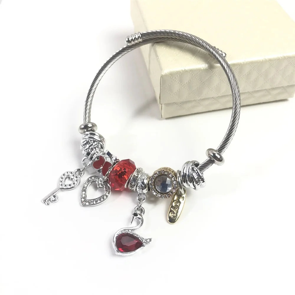 Women's Summer Stainless Steel Bracelets with Black Swan Pendant Charm Promotion Sales Jewelry