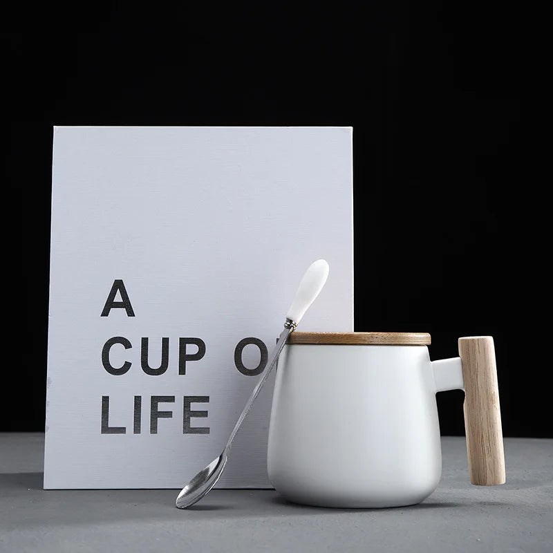380ml Ceramic Coffee Mugs Tea Milk with Wooden Handle Lid Spoon Porcelain Mug Black White Nordic Cup Custom Logo