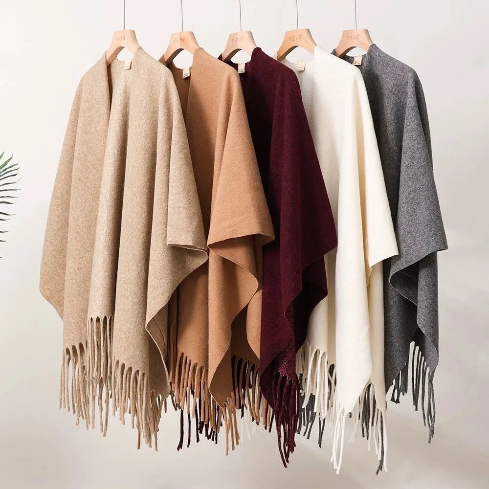 BESTELLA High-End Luxury Women's Autumn Winter Cape Cloak Solid Color Cashmere Tassel Shawl Retro Print Warm Travel Scarf Shawl