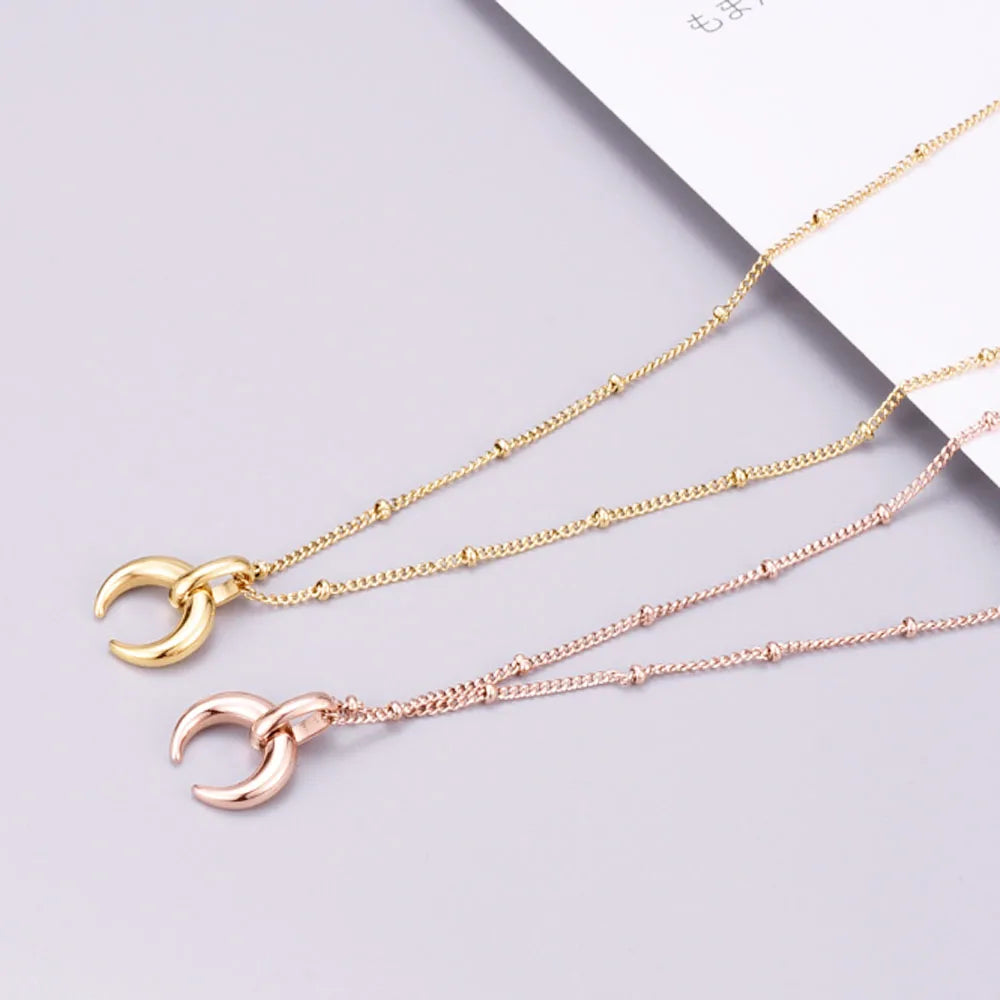 Woman Fashion Waterproof Non-tarnish Stainless Steel 18k Gold Plated Beads Chain Horn Necklace