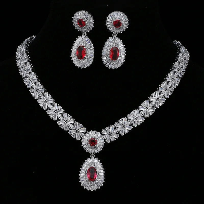 Fashion Wedding Accessories Jewelry Set AAA Cubic Zircon Women Earrings Necklace Ruby Bridal Jewelry Sets Wholesale