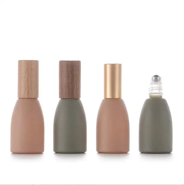Wood Lid pink Green Morandi Color Empty Round Shape Essential Oil Glass Roll on Bottles 12ml Matte pink Roller Ball Bottle