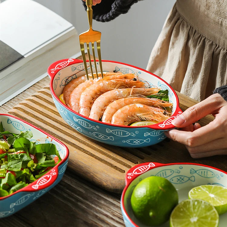 Ceramic Baking Plate With Two Handles Oven Baking Tray Spaghetti Roasting Bakeware Set