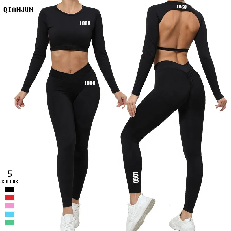 Acid Wash Ribbed Fitness Women Yoga Set Active Long Sleeve Crop Top Seamless Scrunch Leggings Workout Clothing