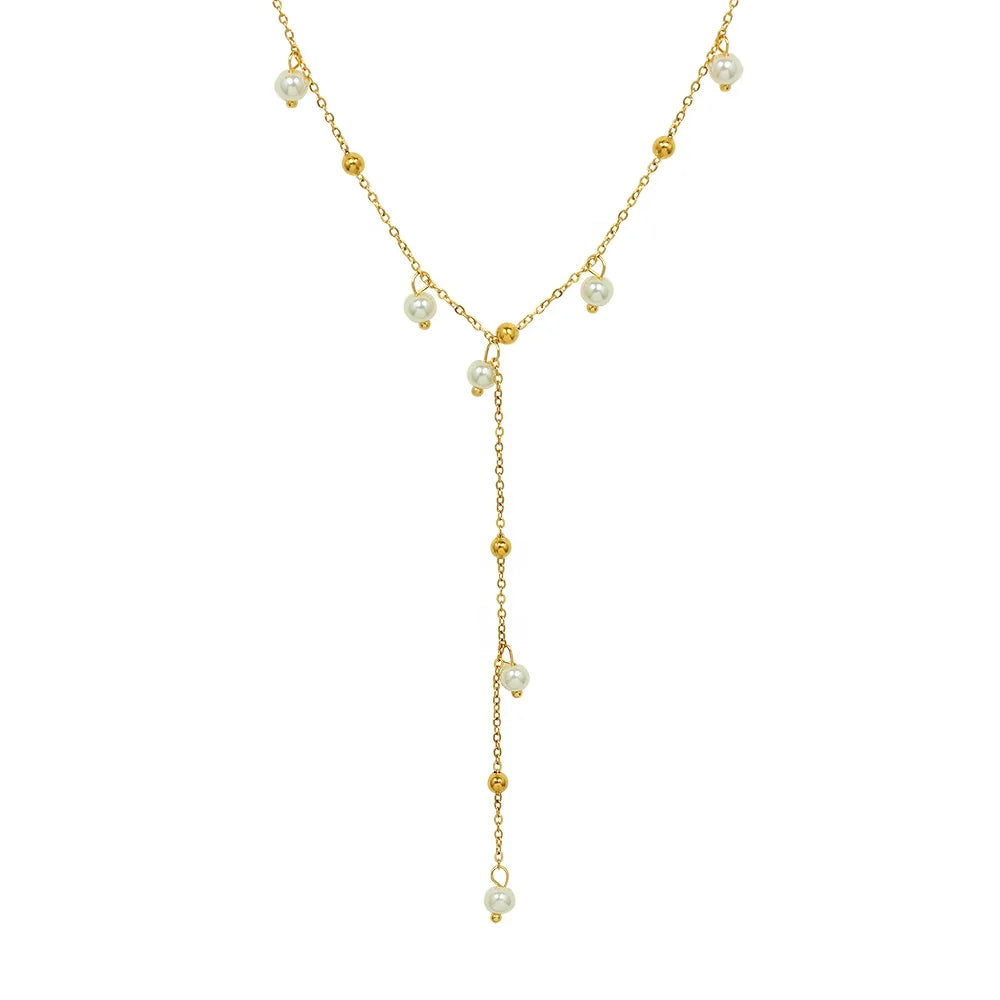 Hot Selling Ins Popular Elegant French Style 14k Gold Stainless Steel Long Chain Freshwater Pearl Necklace for Women