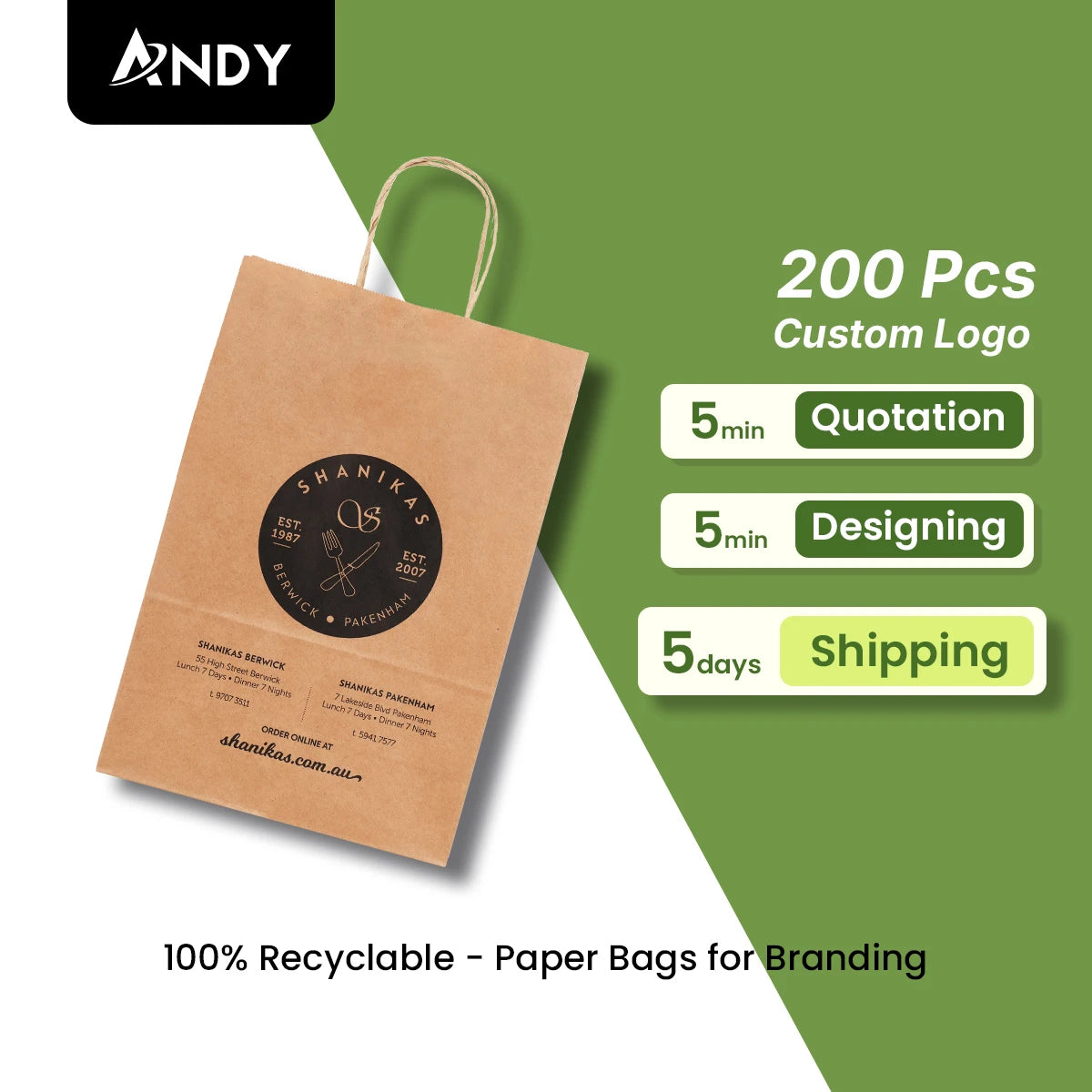 Custom Eco-Friendly Biodegradable Kraft Paper Fast Food Packaging Brown Takeaway Restaurant Bolsas De Papel with Flat Handles