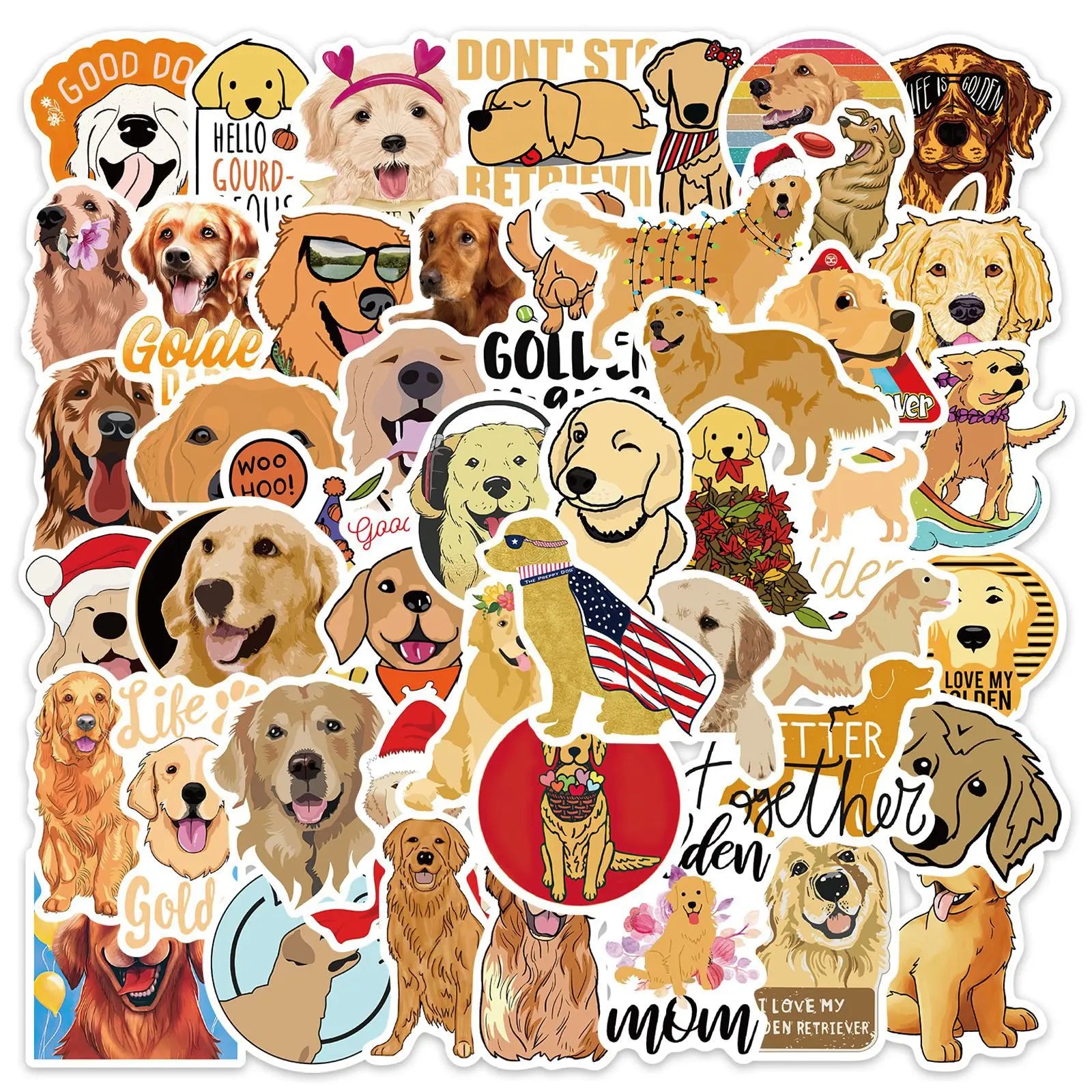 50Pcs Cute Pet Golden Retriever Stickers Decorative Label for Luggage Laptop Guitar Notebook Skateboard PVC Waterproof Sticker