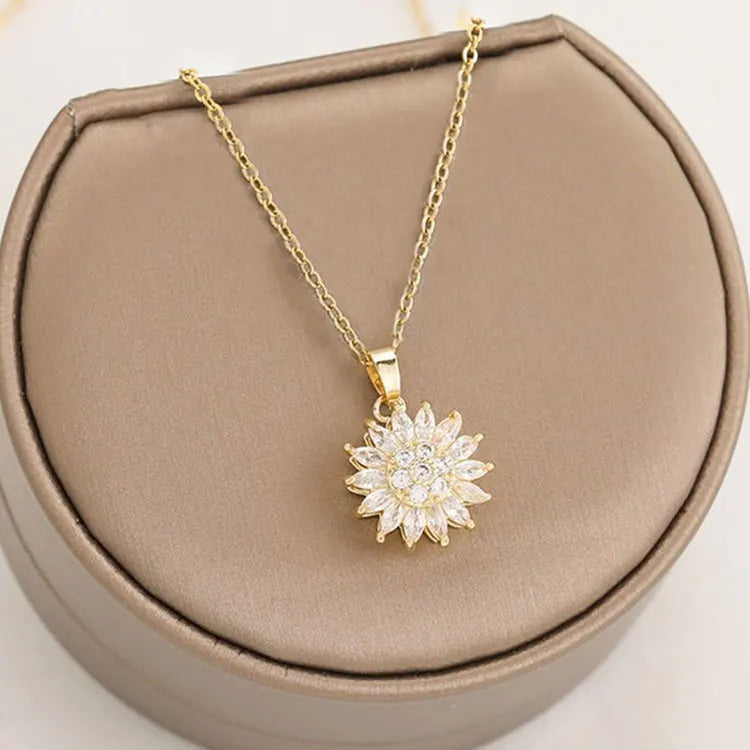 SC Tiktok Hot Shinny CZ Stone Flower Spinning Necklace Women Fashion Stainless Steel Double Layer Rotating Sunflower Necklace