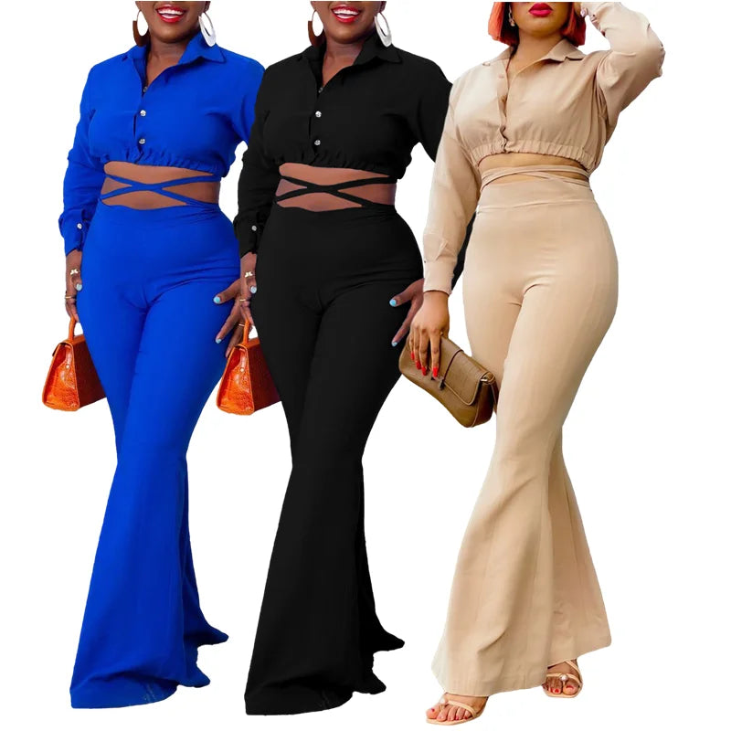 D476 Latest Design Fashion 2 Piece Outfits for Women Polo Collar Shirt High Waist Flare Pants Sets for Women Two Pieces