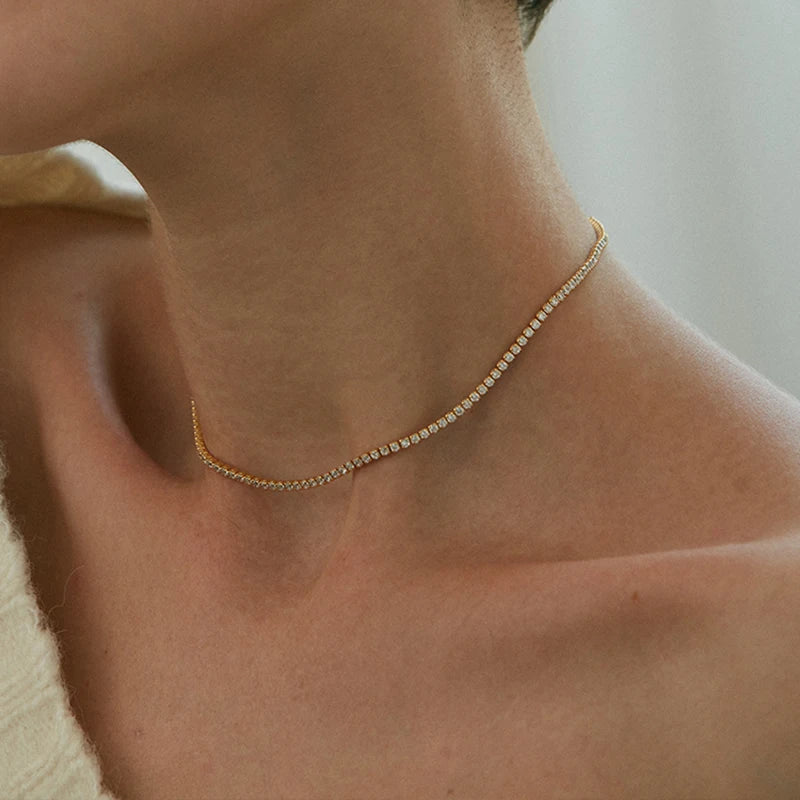 Square Cubic Zircon Tennis Chain Necklace Brass Shiny Choker Necklaces for Women Elegant Minimalist 18K Gold Plated Jewelry 2021