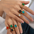 Vintage Style 18k Gold Plated Stainless Steel Ring Simple Opening Adjustable Opal Rings for Women