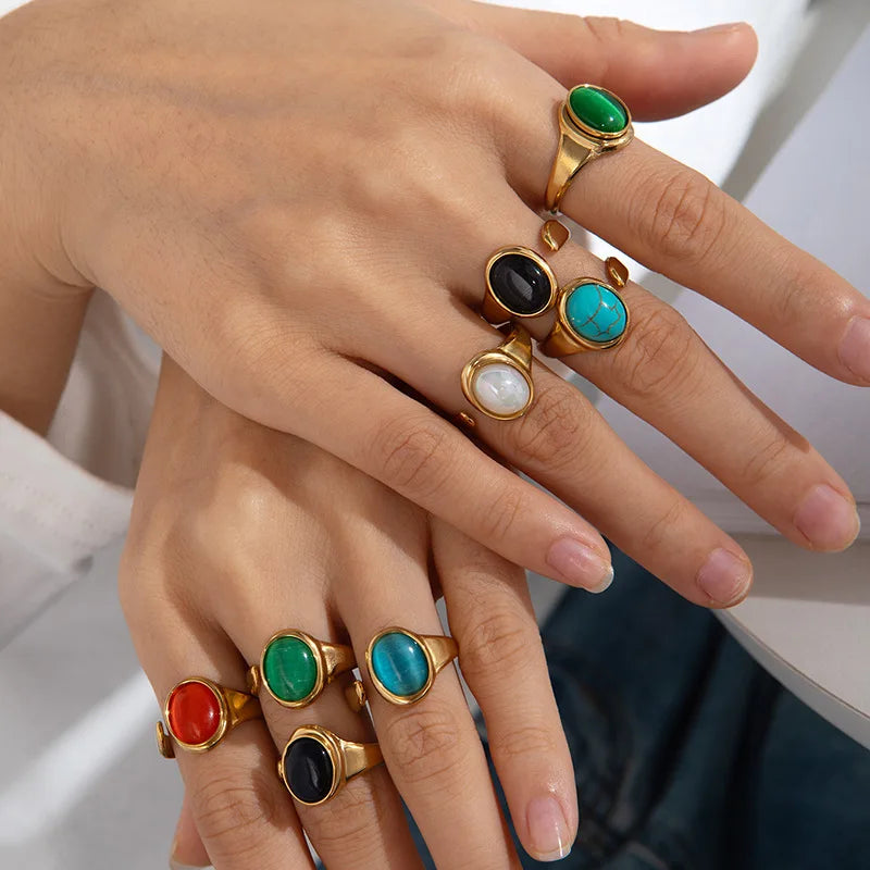 Vintage Style 18k Gold Plated Stainless Steel Ring Simple Opening Adjustable Opal Rings for Women