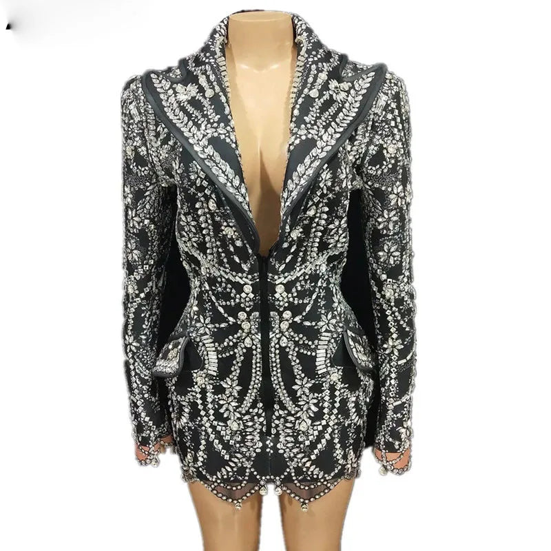 Full Diamond Suit Jackets Women Rhinestones Blazes Elegant Stylish Slim Coat Birthday Prom Evening Party Overcoat Stage Costume