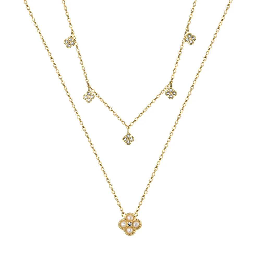 RINNTIN GPN80 5A Cubic Zirconia Necklace 925 Sterling Silver Double Chain Necklace Four Leave Clover Freshwater Pearl Necklace