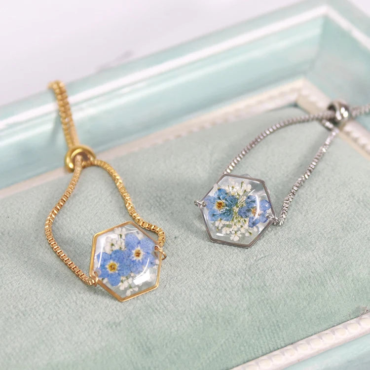 Fashion Jewelry Bracelets & Bangles Dried Flower Resin Charms Link Chain Stainless Steel Bracelet for Women