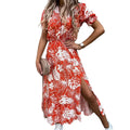 2022 Wholesale Retro New Fashion Women V-neck Slit Dress Floral Printing Short Sleeve Causal Short Sleeve Lady's Casual Dress