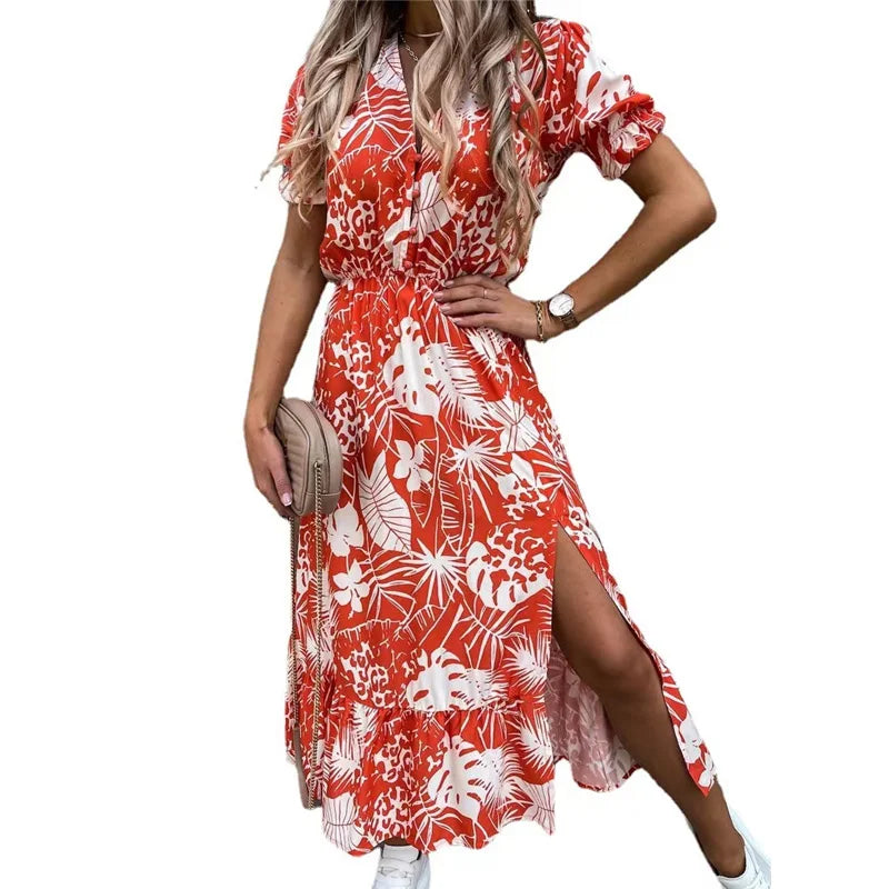 2022 Wholesale Retro New Fashion Women V-neck Slit Dress Floral Printing Short Sleeve Causal Short Sleeve Lady's Casual Dress