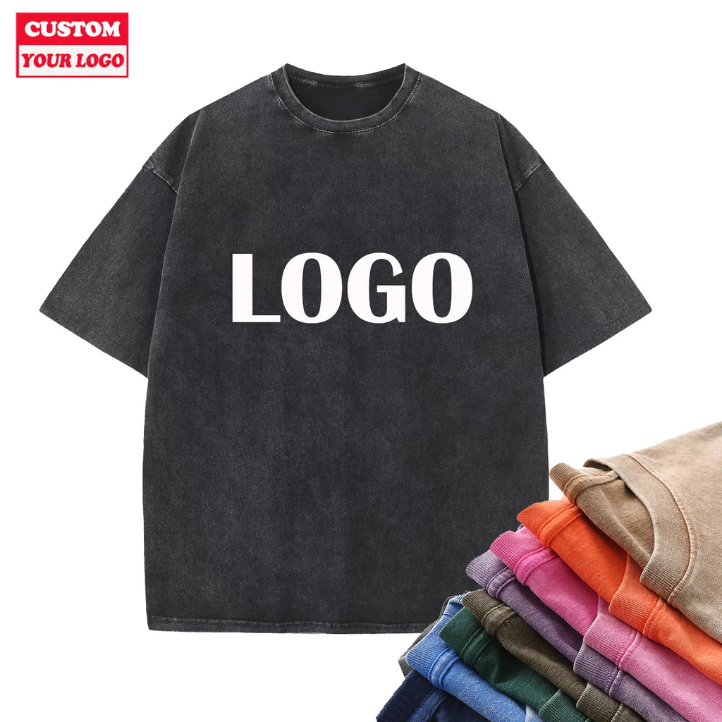 Heavyweight Cotton With Logo Stone Men Women Distressed Stock Tshirt Dtg Print Oversize Black Custom Vintage Acid Wash T Shirt