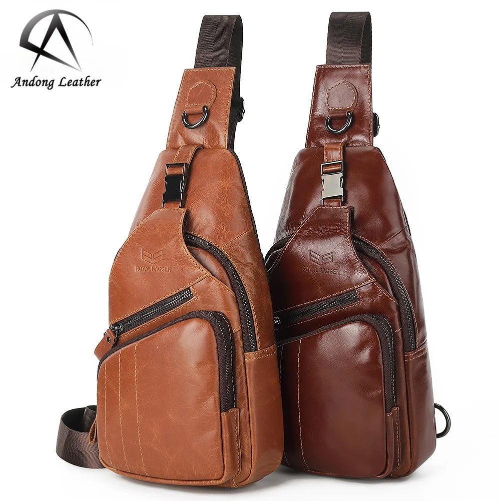 Andong Chest Bags for Men Real Genuine Cow Leather Vintage Fashion Crossbody Shoulder Sling Bag Business Casual Retro Cool