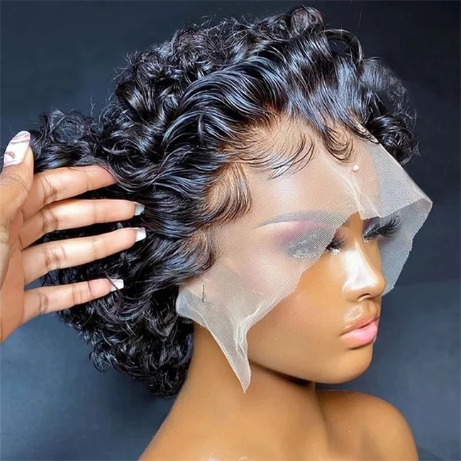 180% Density Short Pixie Cut Curly Wig Natural Black 13x4 Human Hair Pixie Bob Closure Wig With Bleached Knot for Women