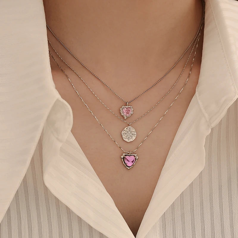 Fashion Exquisite Pink Zircon Love Heart Pendant Necklace for Women Girl Wedding Jewelry Gift Wholesale