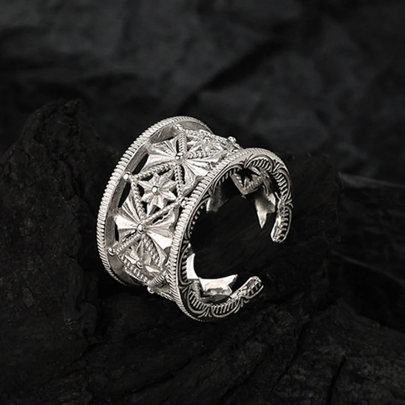 ICEBELA Light Luxury Chinese National Style S925 Sterling Silver Hollow Eight-pointed Star Ring Female Open Wide Index Finger Ri